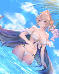 Rule 34 | 1girl, absurdres, bikini, blonde hair, blue eyes, blush, breasts, cleavage, cloud, cloudy sky, commentary request, cowboy shot, day, dutch angle, europa (granblue fantasy), europa (summer) (granblue fantasy), flower, granblue fantasy, grin, hair flower, hair ornament, highres, large breasts, looking at viewer, navel, ocean, outdoors, palm tree, renzu (lens 02), short hair, sky, smile, solo, swimsuit, tiara, tree, white bikini