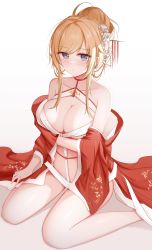 Rule 34 | 1girl, absurdres, arm under breasts, azur lane, bare shoulders, blonde hair, blue eyes, blush, breasts, closed mouth, clothes down, doraski, glorious (azur lane), glorious (pungent plum) (azur lane), hair ornament, hair stick, highres, japanese clothes, kimono, large breasts, long hair, looking at viewer, no pants, off shoulder, official alternate costume, red kimono, sidelocks, simple background, sitting, solo, swept bangs, thighs, wariza, white background