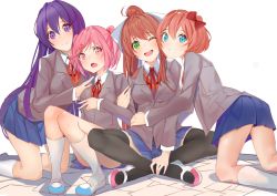 Rule 34 | 4girls, ;d, arm hug, blue skirt, brown hair, cheek-to-cheek, commentary, d:, doki doki literature club, english commentary, eyes visible through hair, fang, green eyes, grey jacket, hair between eyes, hair ornament, hair ribbon, hairclip, hand on another&#039;s shoulder, heads together, highres, jacket, kneehighs, kneeling, long hair, looking at viewer, monika (doki doki literature club), multiple girls, natsuki (doki doki literature club), one eye closed, open mouth, pink eyes, pink hair, pleated skirt, ponytail, purple eyes, purple hair, ribbon, sayori (doki doki literature club), school uniform, shoes, short hair, simple background, sitting, skirt, smile, socks, two side up, uwabaki, v, v-shaped eyebrows, very long hair, white background, white ribbon, white socks, xhunzei, yuri (doki doki literature club)