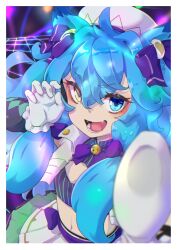 Rule 34 | 1girl, absurdres, ai.mi (omega strikers), ai.mi (omega strikers) (idol ai.mi), animal ears, bell, blue eyes, blue hair, bow, cat ears, cat girl, fangs, flat chest, gloves, hair bow, hair ornament, heterochromia, highres, idol, long hair, looking at viewer, midriff, omega strikers, open mouth, pointing, pointing at viewer, pokechun29, purple bow, skirt, stage, standing, white gloves, yellow eyes