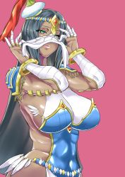 Rule 34 | 1girl, ao (time-leap), black hair, breasts, caster of the nocturnal castle, dark-skinned female, dark skin, fate/grand order, fate (series), green eyes, hip focus, large breasts, light smile, lips, long hair, looking at viewer, mouth veil, pink background, scheherazade (fate), sideboob, solo, veil, veil lift, very long hair