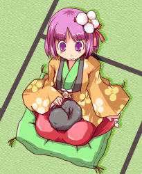 Rule 34 | 1girl, cat, female focus, flower, from above, full body, hieda no akyuu, indoors, japanese clothes, kanoe soushi, pillow, plant, sitting, solo, tatami, touhou