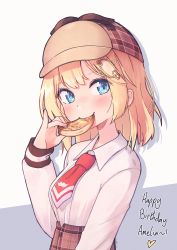 Rule 34 | 1girl, absurdres, blonde hair, blue eyes, blush, breasts, character name, collared shirt, commentary, deerstalker, eating, food, hair ornament, hand up, happy birthday, hat, highres, holding, hololive, hololive english, kiirokuma, long sleeves, looking at viewer, medium hair, necktie, open mouth, red necktie, shirt, short necktie, skirt, smile, solo, two-tone background, virtual youtuber, watson amelia, white background, white shirt