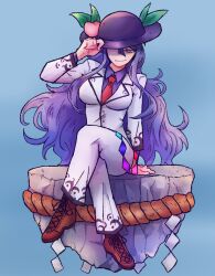 Rule 34 | 1girl, blue hair, breasts, brown footwear, charm (object), commission, floating rock, food, fruit, half-closed eyes, hat, hat tip, highres, hinanawi tenshi, leaf, long hair, long sleeves, looking at viewer, necktie, one eye covered, otaeriaaoba, pants, peach, red eyes, rope, shirt, simple background, sitting, smile, solo, touhou, very long hair, white pants, white shirt