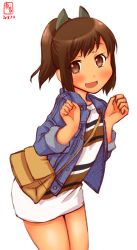 Rule 34 | 1girl, alternate costume, bag, brown eyes, brown hair, commentary request, contemporary, cowboy shot, dated, denim, denim jacket, dress, handbag, highres, i-401 (kancolle), jacket, kanon (kurogane knights), kantai collection, logo, looking at viewer, open mouth, ponytail, short hair, short ponytail, simple background, smile, solo, striped clothes, striped dress, tan, white background, white dress