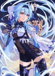 Rule 34 | 1girl, absurdres, arm up, black hairband, black shorts, black thighhighs, blue hair, blue necktie, breasts, commentary request, covered navel, cowboy shot, eula (genshin impact), genshin impact, gloves, hairband, high-waist shorts, highres, holding, holding sword, holding weapon, juliet sleeves, long hair, long sleeves, medium breasts, necktie, orikawaz, puffy sleeves, shirt, shorts, solo, standing, sword, thighhighs, thighs, weapon, white shirt, wide sleeves, yellow eyes