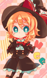 Rule 34 | 1girl, aoi kujira, blonde hair, blush stickers, bow, braid, bright pupils, chibi, cookie (touhou), double v, eyebrows, green eyes, hair between eyes, hat, hat bow, kirisame marisa, meguru (cookie), side braid, solo, thick eyebrows, touhou, v, white pupils, witch hat
