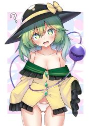 Rule 34 | 1girl, :d, ?, absurdres, bare shoulders, black hat, blush, border, bow, breasts, cleavage, collarbone, commentary request, frilled sleeves, frills, gluteal fold, green eyes, green hair, hat, hat bow, head tilt, highres, koishi day, komeiji koishi, kushidama minaka, medium breasts, medium hair, off-shoulder shirt, off shoulder, open mouth, panties, ribbon, shirt, sleeves past wrists, smile, solo, third eye, touhou, underwear, wavy hair, white border, white panties, wide sleeves, yellow bow, yellow ribbon, yellow shirt