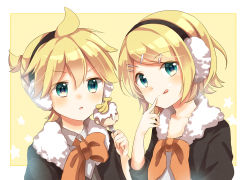 Rule 34 | 1boy, 1girl, :q, ahoge, bad id, bad pixiv id, blonde hair, blue eyes, brother and sister, casual, coat, earmuffs, emilion, finger to mouth, hair ornament, hairclip, kagamine len, kagamine rin, looking at viewer, short hair, short ponytail, siblings, tongue, tongue out, twins, upper body, vocaloid
