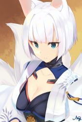Rule 34 | 1girl, animal ears, azur lane, bad id, bad pixiv id, blue eyes, blush, breasts, choker, cleavage, closed mouth, collarbone, expressionless, eyeshadow, fox ears, fox tail, highres, kaga (azur lane), kikumon, large breasts, looking at viewer, makeup, multiple tails, navy (navybluexox), short hair, solo, tail, upper body, white hair