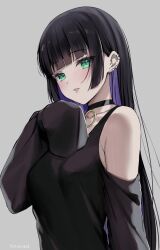 Rule 34 | 1girl, armpit crease, bare shoulders, black choker, black hair, black shirt, bocchi the rock!, breasts, choker, clothing cutout, collarbone, colored inner hair, ear piercing, earrings, green eyes, grey background, hand up, highres, jewelry, kaetzchen, long hair, long sleeves, looking at viewer, medium breasts, multicolored hair, pa-san, parted lips, piercing, shirt, shoulder cutout, sidelocks, simple background, sleeves past fingers, sleeves past wrists, solo, upper body