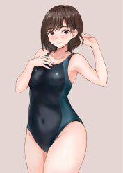 Rule 34 | 1girl, black one-piece swimsuit, blush, bob cut, breasts, brown eyes, brown hair, competition swimsuit, covered navel, highres, medium breasts, nobita (nbnobita), one-piece swimsuit, original, playing with hair, simple background, smile, solo, standing, swimsuit