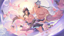 Rule 34 | 2boys, abs, absurdres, bara, barefoot, black hair, chinese commentary, closed eyes, commentary request, dislyte, extra arms, facial hair, goatee, henrryxv, highres, li ling (nezha), looking at another, male focus, multicolored hair, multiple boys, multiple scars, muscular, muscular male, pectorals, petals, scar, scar on shoulder, scar on stomach, topless male, yun chuan (yang jian) (dislyte)