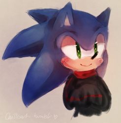 Rule 34 | 1boy, alternate costume, animal ears, artist name, beige background, black sweater, blue hair, blush, closed mouth, cropped torso, furry, furry male, green eyes, hands up, happy, heart, long sleeves, male focus, simple background, sketch, sleeves past fingers, sleeves past wrists, smile, solo, sonic (series), sonic the hedgehog, spacecolonie, sweater, tumblr username, upper body