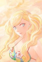 Rule 34 | 10s, 1girl, bikini, bikini top only, blonde hair, blue eyes, breasts, cleavage, earrings, floating hair, hair ornament, hairclip, jewelry, long hair, looking at viewer, medium breasts, parted lips, persona, persona 5, print bikini, print bikini top, smile, solo, swimsuit, takamaki anne, twintails, upper body, yolkyao