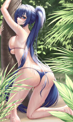 Rule 34 | 1girl, absurdres, against tree, arm up, ass, azur lane, beach, bikini, blue bikini, blue eyes, blue hair, blush, breast press, breasts, butt crack, day, from behind, full body, hands up, highres, ichikushi mojibake, kneeling, large breasts, long hair, looking at viewer, looking back, new jersey (azur lane), new jersey (midsummer leisure) (azur lane), outdoors, palm tree, ponytail, sideboob, solo, swimsuit, thighs, tree, undersized clothes, very long hair, wet