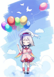 Rule 34 | 1girl, akinomiya asuka, balloon, black hair, blue sky, chibi, closed eyes, closed mouth, cloud, collared shirt, commentary request, hat, highres, holding, holding balloon, hollow song of birds, multicolored hair, original, pink shorts, pink vest, rainbow wings, red socks, shirt, shoes, short hair, short sleeves, shorts, sky, socks, solo, streaked hair, torisumi horou, touhou, vest, white footwear, white hair, white hat, white shirt, winged hat, wings
