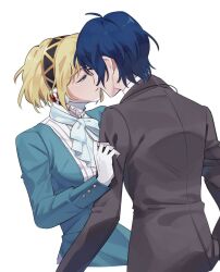 Rule 34 | 1boy, 1girl, aegis (persona), android, black hairband, black jacket, blonde hair, blue dress, blue eyes, blue hair, buttons, commentary request, dress, elulit2, eye contact, from behind, gold trim, hairband, half-closed eyes, highres, imminent kiss, jacket, korean commentary, long sleeves, looking at another, persona, persona 3, persona 3 reload, robot ears, short hair, simple background, white background, yuuki makoto (persona 3)
