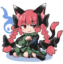 Rule 34 | 1girl, :3, animal ear fluff, animal ears, blush, bow, braid, cat ears, cat tail, chibi, chups, clenched hand, dress, ghost, green dress, highres, hitodama, kaenbyou rin, multiple tails, paw pose, red eyes, red hair, shadow, sitting, skull, slit pupils, solo, tail, touhou, twin braids, white background