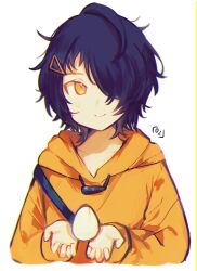 Rule 34 | 1girl, blue hair, commentary, dark blue hair, egg, english commentary, hair over one eye, highres, holding, holding egg, hood, hoodie, ooto ai, oz sumire, simple background, smile, solo, triangle hair ornament, white background, wonder egg priority, yellow eyes, yellow hoodie