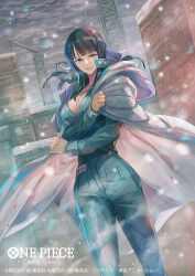 Rule 34 | bisaiiiii, black hair, blue bodysuit, blue eyes, bodysuit, breasts, cleavage, cloak, commentary request, copyright name, cowboy shot, crane (machine), large breasts, long hair, looking at viewer, nico robin, official art, one piece, one piece card game, outdoors, snowing, white cloak