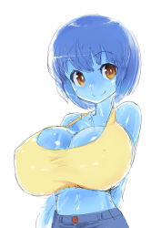 Rule 34 | 1girl, blue hair, breasts, brown eyes, denim, denim shorts, ebizome, covered erect nipples, huge breasts, looking at viewer, monster girl, navel, original, shirt, short hair, shorts, simple background, sketch, slime girl, smile, tank top, taut clothes, taut shirt, white background