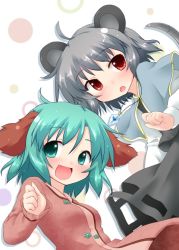 Rule 34 | 2girls, animal ears, blush, capelet, cover image, fang, female focus, green eyes, green hair, jewelry, kasodani kyouko, mouse ears, mouse tail, multiple girls, natsu no koucha, nazrin, open mouth, pendant, red eyes, short hair, silver hair, tail, touhou