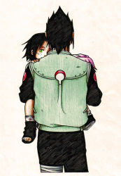 Rule 34 | 1girl, 2boys, carrying, child, child carry, crest, family, family crest, father and daughter, father and son, if they mated, male focus, multiple boys, nami86, naruto, naruto (series), uchiha sasuke