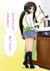 Rule 34 | 1girl, akiyama mio, alternate hairstyle, apron, black hair, cooking, highres, k-on!, ponytail, translation request, tyranu