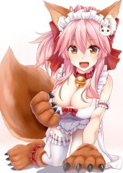 Rule 34 | 1girl, :d, all fours, alternate costume, animal ear fluff, animal ears, animal hands, apron, arm garter, bare shoulders, bell, blush, bow, breasts, cat hair ornament, cleavage, collar, commentary request, fate/grand order, fate (series), fox ears, fox tail, frilled apron, frilled thighhighs, frills, gloves, gradient background, hair between eyes, hair bow, hair ornament, hand up, hisae (hisae collect), jingle bell, large breasts, looking at viewer, maid headdress, neck bell, open mouth, paw gloves, paw shoes, pink background, pink hair, red bow, red collar, sidelocks, single thighhigh, smile, solo, tail, tamamo (fate), tamamo cat (fate), tamamo cat (third ascension) (fate), tamamo no mae (fate/extra), thighhighs, thighs, white apron, white background, white thighhighs, yellow eyes