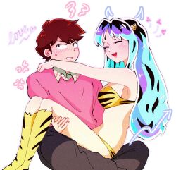 Rule 34 | 1boy, 1girl, animal print, bikini, black pants, blue hair, blush, boots, carrying, closed eyes, cone horns, couple, drawn horns, garnel (letsgotomato11), hands on another&#039;s shoulders, heart, horns, knee boots, long hair, lum, moroboshi ataru, open mouth, pants, pink sweater, princess carry, print bikini, print footwear, sidelocks, sitting, sitting on lap, sitting on person, sweater, swimsuit, teeth, tiger print, upper teeth only, urusei yatsura