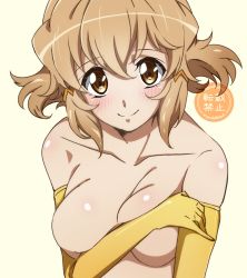 Rule 34 | 1girl, blonde hair, blush, breasts, cleavage, collarbone, covering privates, covering one breast, elbow gloves, gloves, hair between eyes, highres, kanaden, looking at viewer, medium breasts, no nipples, senki zesshou symphogear, short hair, smile, solo, tachibana hibiki (symphogear), white background, yellow eyes, yellow gloves