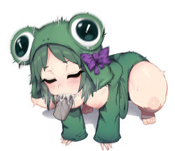 Rule 34 | 1girl, absurdres, all fours, animal hood, bad id, bad pixiv id, black souls, bow, breasts, closed eyes, collarbone, cum, cum in mouth, disembodied penis, fellatio, frog hood, frog princess (black souls), green hair, green jacket, highres, hood, hood up, hooded jacket, jacket, long sleeves, medium breasts, medium hair, naked jacket, nipples, nyong nyong, open clothes, open jacket, oral, penis, purple bow, shadow, simple background, sleeves past wrists, uncensored, veins, veiny penis, white background