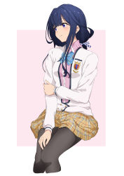 Rule 34 | 1girl, absurdres, adagaki aki, blazer, blue bow, blue bowtie, blue eyes, blue hair, blunt bangs, bow, bowtie, brown skirt, cardigan, closed mouth, cropped legs, hair ribbon, highres, invisible chair, jacket, long hair, long sleeves, masamune-kun no revenge, miniskirt, nishizuki shino, open clothes, open jacket, outside border, pantyhose, pink background, pink cardigan, plaid, plaid skirt, pleated skirt, ribbon, school uniform, sitting, skirt, solo, striped bow, striped bowtie, striped clothes, striped ribbon, white jacket, wing collar