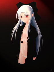 Rule 34 | 00s, 1girl, albino, flat chest, gradient background, half updo, len (tsukihime), long hair, lowleg, lowleg panties, melty blood, navel, no bra, open clothes, open shirt, panties, pointy ears, pom pom (clothes), red eyes, shirt, solo, thighhighs, tsukihime, type-moon, underwear, very long hair, white hair