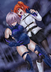 Rule 34 | 2girls, after rape, ahoge, arm around shoulder, armored boots, belt, black skirt, blush, boots, breasts, creature inside, cyclone (reizei), detached sleeves, dutch angle, embarrassed, fate/grand order, fate (series), female focus, fog, fujimaru ritsuka (female), hair between eyes, hair over one eye, hand on own stomach, highres, inflation, large breasts, legs, legs apart, leotard, looking at another, looking at viewer, mash kyrielight, multiple girls, night, object insertion, open mouth, outdoors, pain, pantyhose, pink hair, purple eyes, red eyes, red hair, scared, short hair, side ponytail, skirt, standing, sweat, thighs, vaginal, vaginal object insertion
