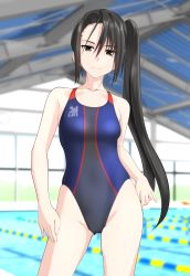 Rule 34 | 1girl, absurdly long hair, absurdres, black hair, black one-piece swimsuit, blurry, breasts, brown eyes, commentary request, competition swimsuit, contrapposto, depth of field, gluteal fold, highleg, highleg swimsuit, highres, indoors, kantai collection, long hair, looking at viewer, multicolored clothes, multicolored swimsuit, nachi (kancolle), one-piece swimsuit, pool, side ponytail, small breasts, solo, swimsuit, takafumi, very long hair