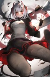 Rule 34 | 1girl, antennae, arknights, black gloves, black jacket, black skirt, breasts, commentary, fingerless gloves, gloves, grey pantyhose, grey shirt, hands up, highres, horns, jacket, kyoro ina, long sleeves, looking at viewer, medium breasts, miniskirt, open clothes, open jacket, pantyhose, red eyes, shirt, short hair, silver hair, skirt, solo, thighs, w (arknights)