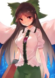 Rule 34 | 1girl, arm cannon, asuzemu, black hair, bow, breasts, commentary request, cowboy shot, green bow, green skirt, hair bow, large breasts, long hair, looking at viewer, puffy short sleeves, puffy sleeves, red eyes, reiuji utsuho, shirt, short sleeves, skirt, solo, touhou, very long hair, weapon, white shirt