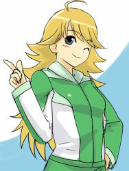 Rule 34 | 00s, 1girl, ;), ahoge, blonde hair, closed mouth, cowboy shot, flat chest, green eyes, hand on own hip, hoshii miki, idolmaster, idolmaster (classic), idolmaster 1, index finger raised, jacket, long hair, long sleeves, looking at viewer, michael f91, one eye closed, smile, solo, track jacket, upper body, v, wink