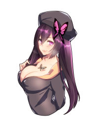 Rule 34 | 1girl, bad id, bad pixiv id, black hat, blush, breasts, bug, butterfly, butterfly hair ornament, butterfly tattoo, cleavage, clothes lift, collarbone, eyebrows, from above, hair between eyes, hair ornament, hat, insect, large breasts, long hair, looking at viewer, mole, mole under eye, parted lips, phantasy star, phantasy star online 2, purple eyes, purple hair, shirt lift, simple background, smile, solo, sweat, tattoo, upper body, white background, yutazou