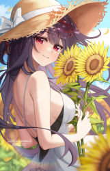 Rule 34 | 1girl, black hair, blue sky, breasts, brown hat, closed mouth, cloud, commission, day, dress, flower, gya (144), hair ornament, hamidashi creative, hat, highres, holding, holding flower, kamakura shio, long hair, looking at viewer, medium breasts, outdoors, pixiv commission, red eyes, sky, smile, solo, straw hat, sunflower, twitter username, white dress