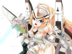 Rule 34 | 10s, 1girl, arnval mk2, bad id, bad pixiv id, blonde hair, blue eyes, busou shinki, doll joints, energy sword, headgear, highres, holding, joints, long hair, looking at viewer, mecha musume, open mouth, ponytail, rff (3 percent), sketch, solo, sword, weapon