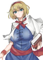 1girl alice_margatroid blonde_hair blue_dress blue_eyes book breasts capelet dress hairband highres kuraki looking_at_viewer red_hairband short_hair simple_background solo touhou white_background white_capelet