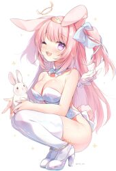 Rule 34 | 1girl, :d, absurdres, angel wings, animal, bare arms, bare shoulders, blush, bow, bowtie, breasts, cleavage, collar, detached collar, ear down, from side, full body, gau (n00 shi), hair bow, hair ribbon, halo, highres, holding, holding animal, holding rabbit, indie virtual youtuber, kneeling, legs together, leotard, long hair, looking at viewer, mashiro mayu, medium breasts, one eye closed, open mouth, pink eyes, pink hair, playboy bunny, rabbit, rabbit ears, rabbit tail, ribbon, sidelocks, simple background, smile, solo, star (symbol), swept bangs, teeth, thighhighs, tiara, tongue, twitter username, two side up, upper teeth only, virtual youtuber, white background, white bow, white bowtie, white collar, white footwear, white high heels, white leotard, white ribbon, white thighhighs, wings, wink