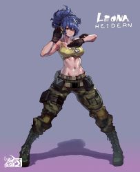 Rule 34 | 1girl, abs, absurdres, ammunition pouch, armlet, bare shoulders, belt, biceps, blue eyes, blue hair, breasts, camouflage, camouflage pants, character name, dog tags, earrings, gloves, highres, jewelry, large breasts, leona heidern, mar10, midriff, military, military uniform, muscular, muscular female, pants, ponytail, pouch, sleeveless, solo, standing, tank top, the king of fighters, the king of fighters xiv, the king of fighters xv, triangle earrings, uniform, white background, yellow tank top