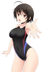 Rule 34 | 1girl, ahoge, black hair, black one-piece swimsuit, commentary request, competition swimsuit, covered navel, cowboy shot, foreshortening, fuuma nagi, highres, looking at viewer, multicolored clothes, multicolored swimsuit, one-piece swimsuit, original, reaching, reaching towards viewer, red eyes, short hair, solo, swimsuit, transparent background