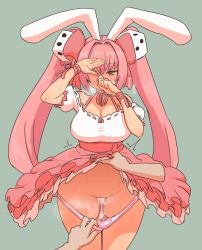 Rule 34 | 1girl, animal ears, bow, breasts, clothes lift, cum, cum in pussy, di gi charat, dice hair ornament, dress, hair bow, hair ornament, highres, large breasts, long hair, panties, panty pull, pink hair, pussy juice, pussy juice trail, rabbit ears, red eyes, skirt, skirt lift, solo focus, sumiyao (amam), twintails, underwear, usada hikaru, wet, wet clothes, wet panties