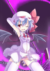 Rule 34 | 1girl, arm up, armpits, bat wings, blue hair, cicin, elbow gloves, fang, female focus, frills, gloves, one eye closed, panties, pantyshot, polearm, red eyes, remilia scarlet, short hair, smile, solo, spear, striped clothes, striped panties, thighhighs, touhou, underwear, weapon, white thighhighs, wings, wink