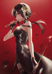 Rule 34 | 1girl, black choker, black dress, black hair, black thighhighs, blush, choker, closed mouth, cowboy shot, dress, dual wielding, earrings, floating hair, flower, hair flower, hair ornament, hairband, highres, holding, holding weapon, jewelry, looking at viewer, marutani, profile, red background, red eyes, short dress, short hair with long locks, sleeveless, sleeveless dress, solo, sparkle, spy x family, standing, thighhighs, waist cape, weapon, yellow flower, yellow hairband, yor briar, zettai ryouiki